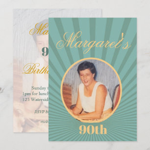 90th Birthday Photo Sun Rays Gold Colour Invitatio Invitation