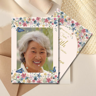 90th Birthday Photo Wildflower Elegant Invitation