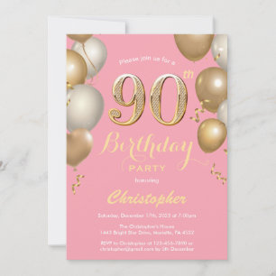 90th Birthday Pink and Gold Balloons Confetti Invitation