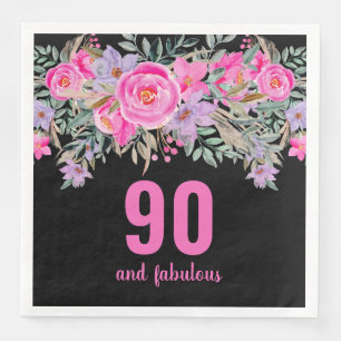 90th birthday pink black floral party napkins