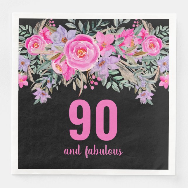 90th birthday pink black floral party napkins (Front)