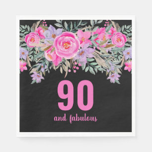 90th birthday pink black floral party napkins