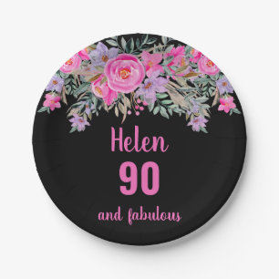 90th birthday pink black watercolor floral  paper plate