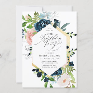 90th Birthday Pink Blue Rose Watercolor Floral  Invitation