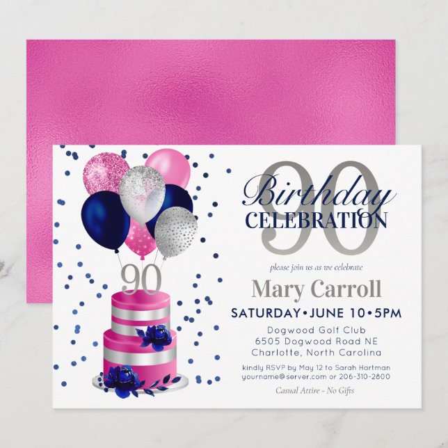 90th Birthday Pink Cake Invitation (Front/Back)