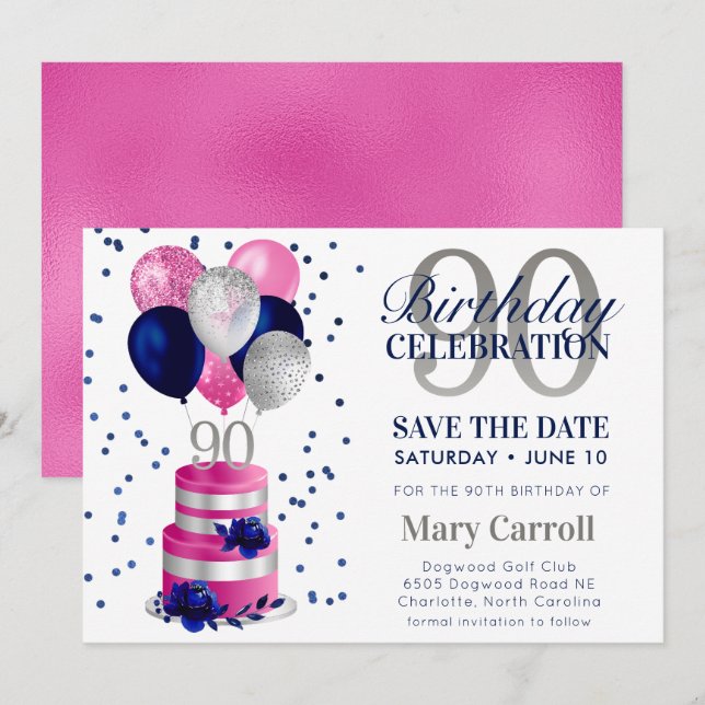 90th Birthday Pink Cake Save The Date Invitation (Front/Back)