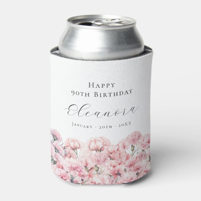 90th Birthday Pink Carnation January Birth Flower Can Cooler (Can Front)