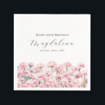 90th Birthday Pink Carnation January Birth Flower Napkin<br><div class="desc">Perfect table decor for a January birthday party. Carnation is the birth flower for that month. It forms a pretty watercolor floral bottom border on this festive personalized napkin. The birthday celebrant's name,  age and birthdate are placed above it using elegant calligraphy and typography. All text is editable.</div>