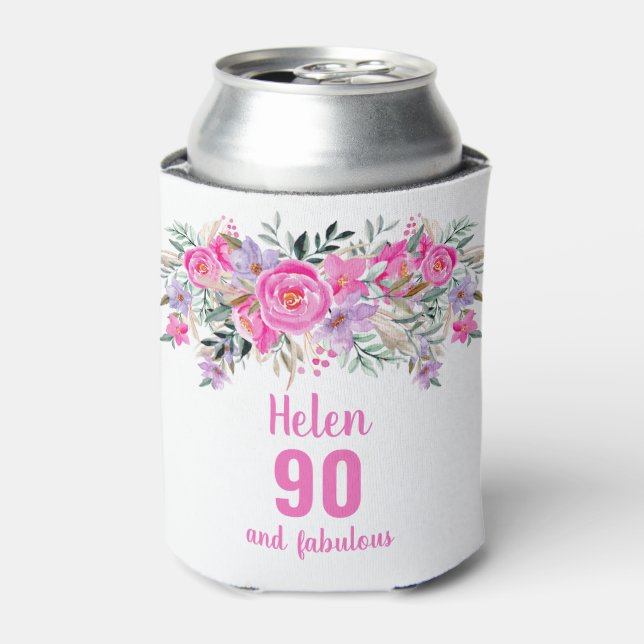 90th birthday pink floral can cooler (Can Front)