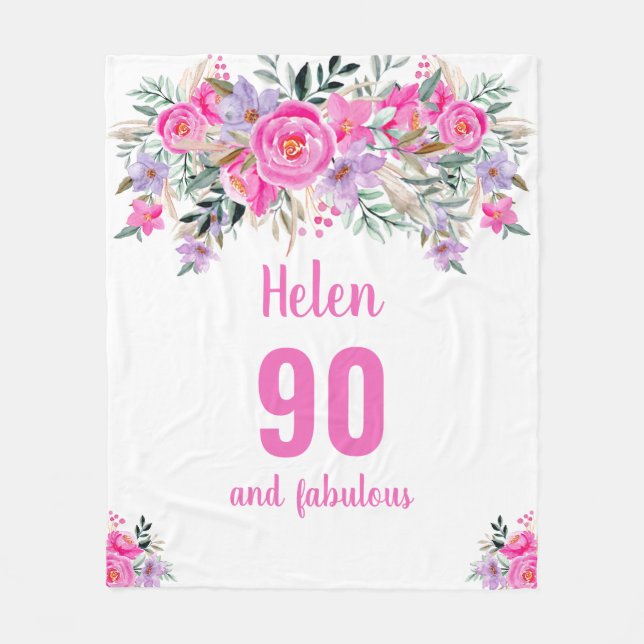 90th birthday pink floral  fleece blanket (Front)