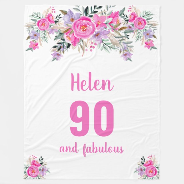 90th birthday pink floral fleece blanket (Front)