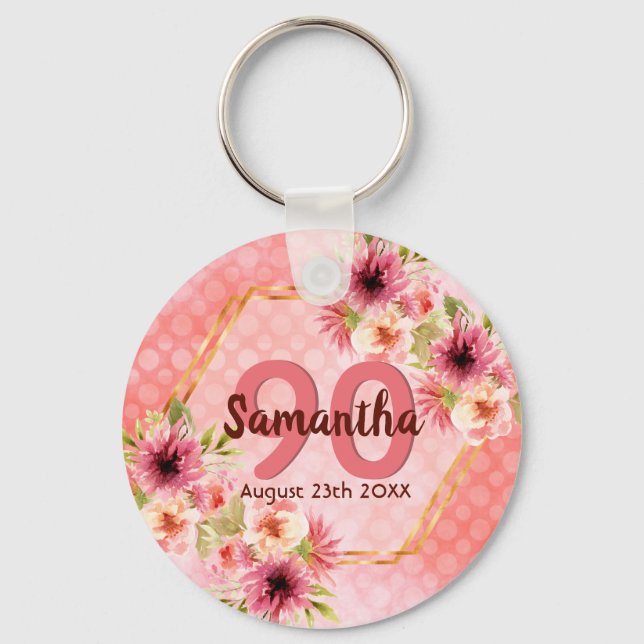 90th birthday pink floral geometric name key ring (Front)