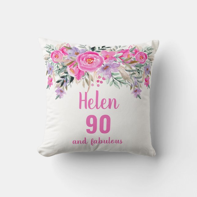 90th birthday pink floral name cushion (Front)