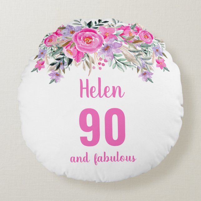 90th birthday pink floral  name round pillow (Front)