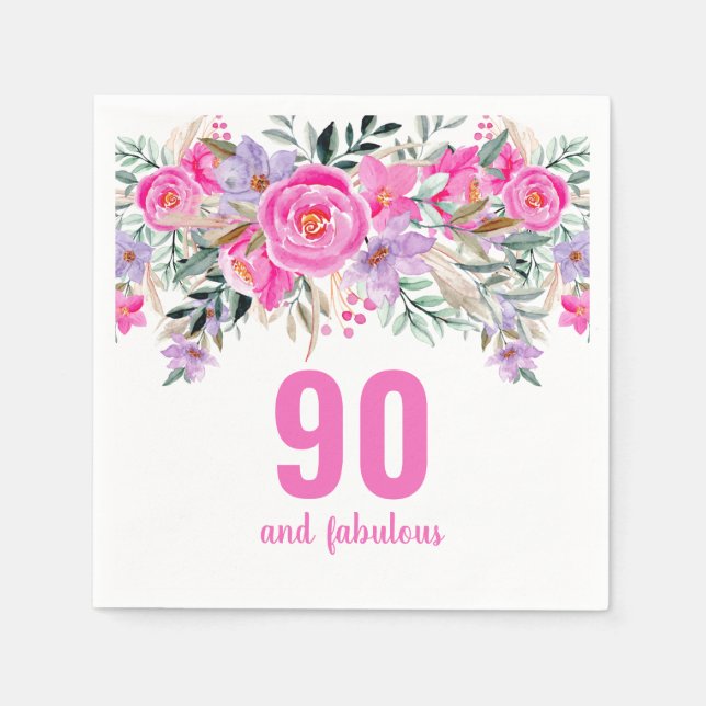 90th birthday pink floral party napkins (Front)
