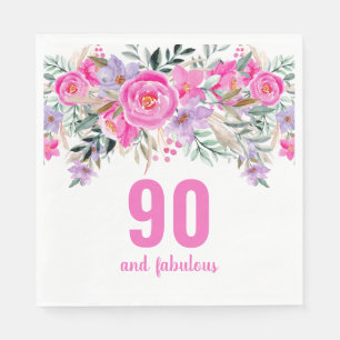 90th birthday pink floral party napkins