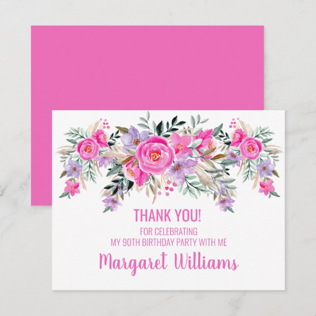 90th birthday pink floral thank you card (Front/Back)