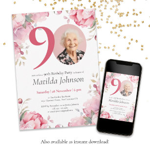90th Birthday Pink Floral Watercolor Custom Photo  Invitation