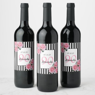 90th birthday pink florals on black white stripes wine label