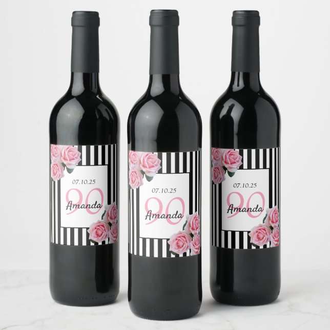 90th birthday pink florals on black white stripes wine label (Bottles)