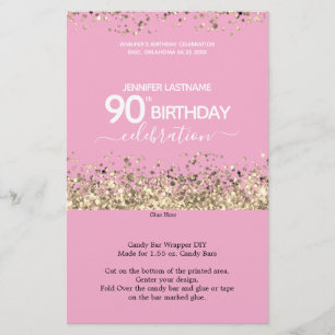 90th Birthday Pink Glitter Candy Bar Wrapper