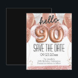 90th Birthday Pink Glitter Save the Date<br><div class="desc">hello 80 birthday party save the date pink glitter balloons. Save the date rose gold number balloons with faux pink glitter. Girly,  elegant,  trendy. Easy to adjust template.</div>