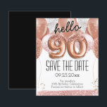 90th Birthday Pink Glitter Save the Date<br><div class="desc">hello 80 birthday party save the date pink glitter balloons. Save the date rose gold number balloons with faux pink glitter. Girly,  elegant,  trendy. Easy to adjust template.</div>