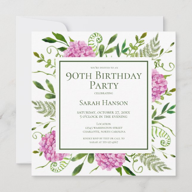 90th Birthday Pink Hydrangeas Card Request  (Front)