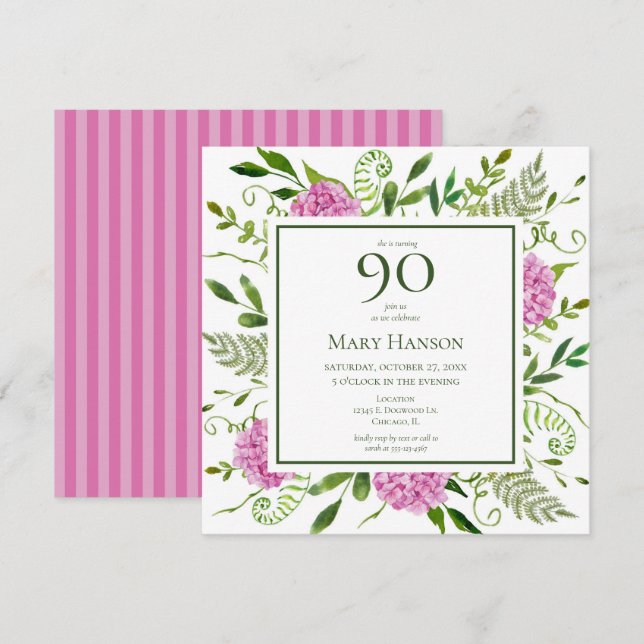 90th Birthday Pink Hydrangeas Invitation (Front/Back)