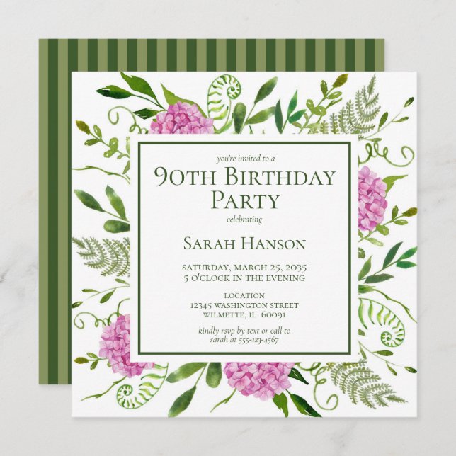 90th Birthday Pink Hydrangeas Invitation (Front/Back)