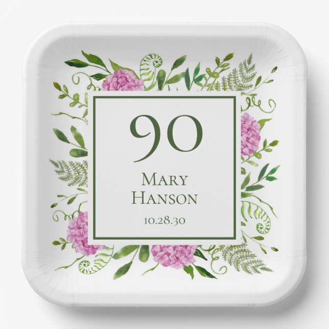 90th Birthday Pink Hydrangeas Paper Plate (Front)