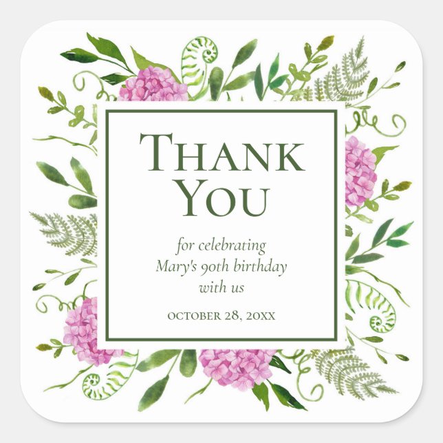 90th Birthday Pink Hydrangeas Thank You Square Sticker (Front)