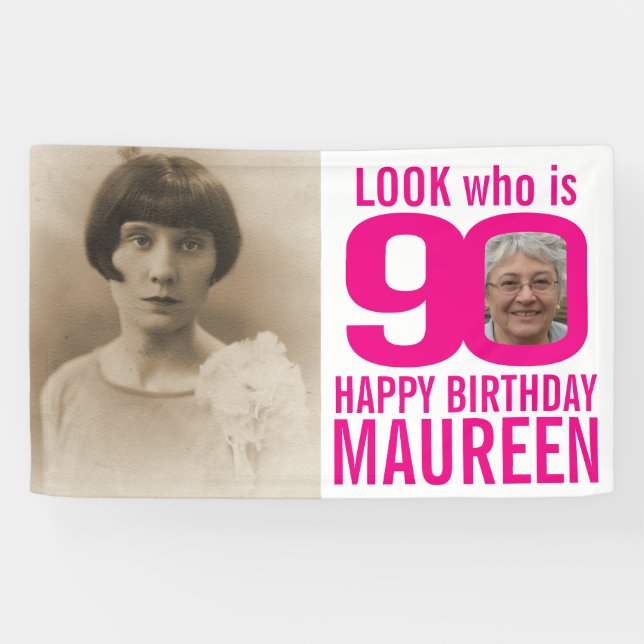 90th birthday pink look 90 custom photo now then b banner (Horizontal)