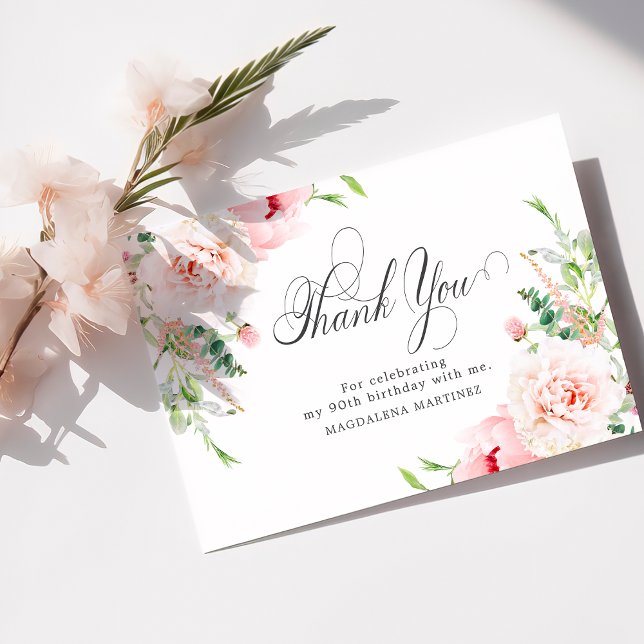 90th Birthday Pink Peony Floral Flat Thank You Card (Creator Uploaded)
