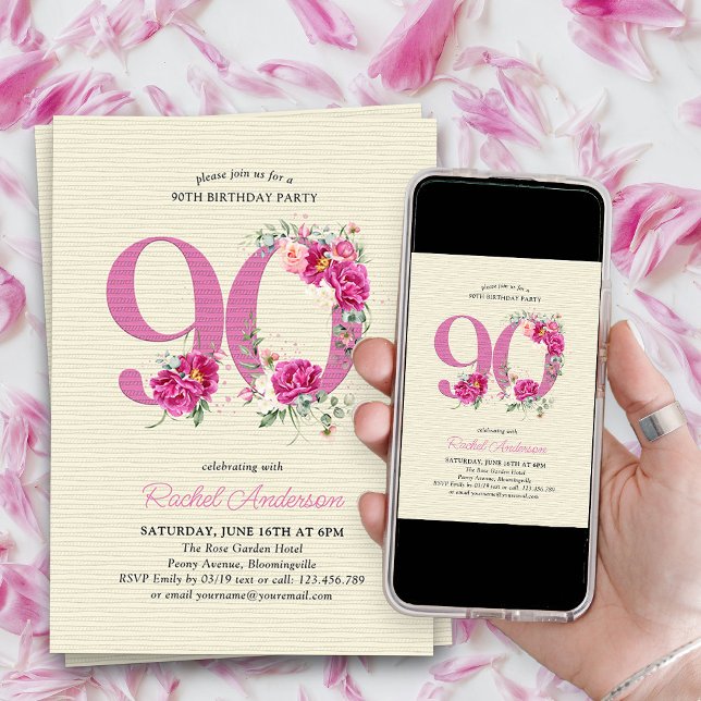 90th Birthday Pink Peony Floral Number 90 Invitation (90th Birthday Invitation with pink floral number 90 - elegant vintage design with roses and peonies)