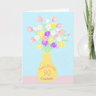 90th birthday pink & purple flower vase card