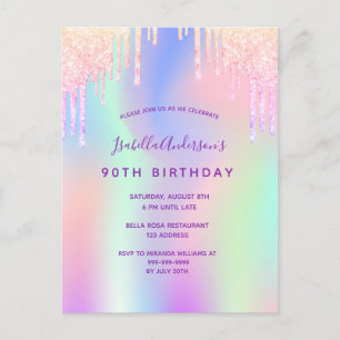 90th birthday pink purple holographic invitation postcard