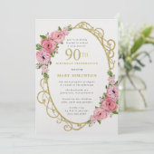 90th Birthday Pink Rose Floral Gold  Invitation (Standing Front)