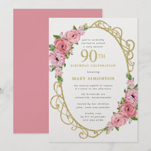 90th Birthday Pink Rose Floral Gold  Invitation