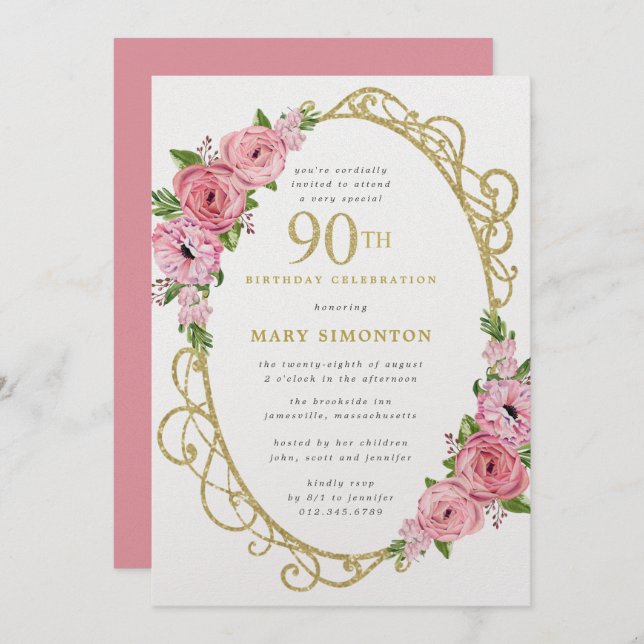 90th Birthday Pink Rose Floral Gold  Invitation (Front/Back)