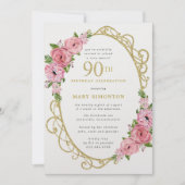 90th Birthday Pink Rose Floral Gold  Invitation (Front)