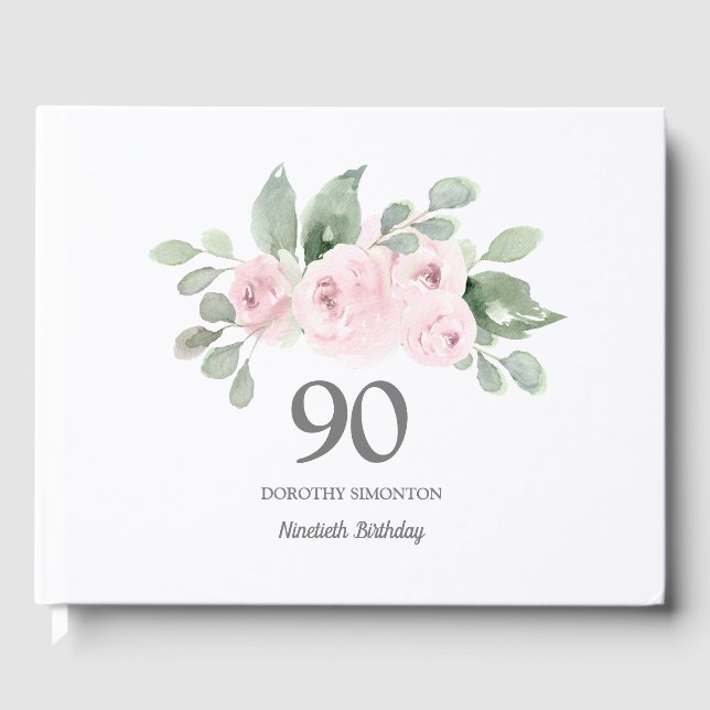 90th Birthday Pink Rose Floral Guest Book (Front)