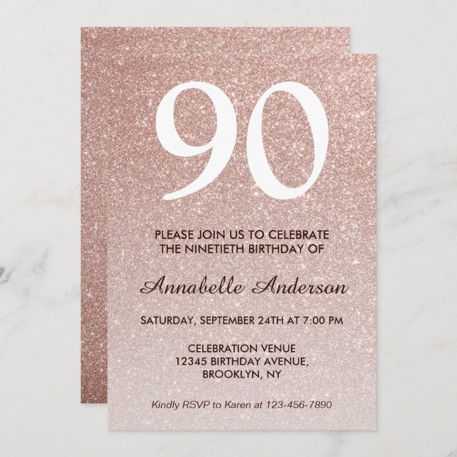 90th Birthday Pink Rose Gold Glitter Sparkle Ombre Invitation (Front/Back)