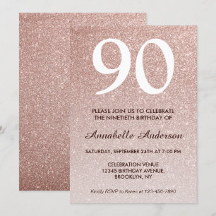 90th Birthday Pink Rose Gold Glitter Sparkle Ombre Invitation