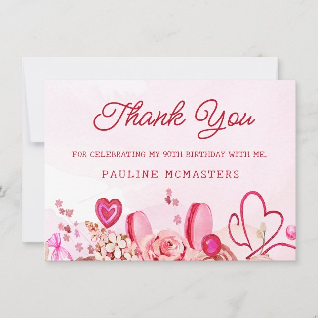 90th Birthday Pink Rose Swirly Heart Thank You (Front)