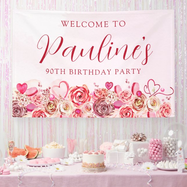 90th Birthday Pink Rose Swirly Heart Welcome Banner (Party)