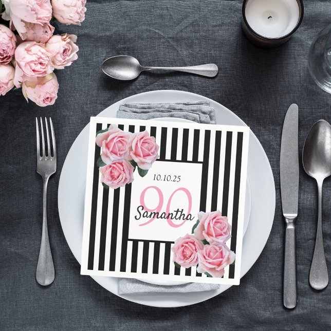 90th birthday pink roses black white stripes napkin (Creator Uploaded)
