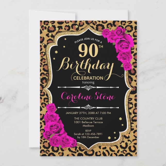90th Birthday - Pink Roses Leopard Print Invitation (Front)