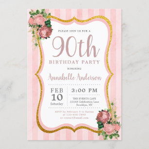 90th Birthday Pink Stripe Floral Gold Glitter Chic Invitation