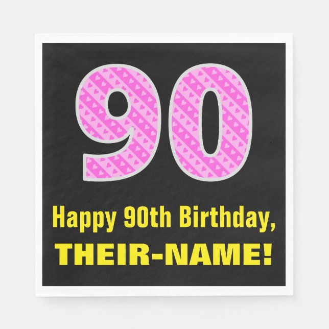 90th Birthday: Pink Stripes and Hearts "90" + Name Napkin (Front)